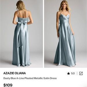 Azazie Dusty Blue A-Line Pleated Satin Dress